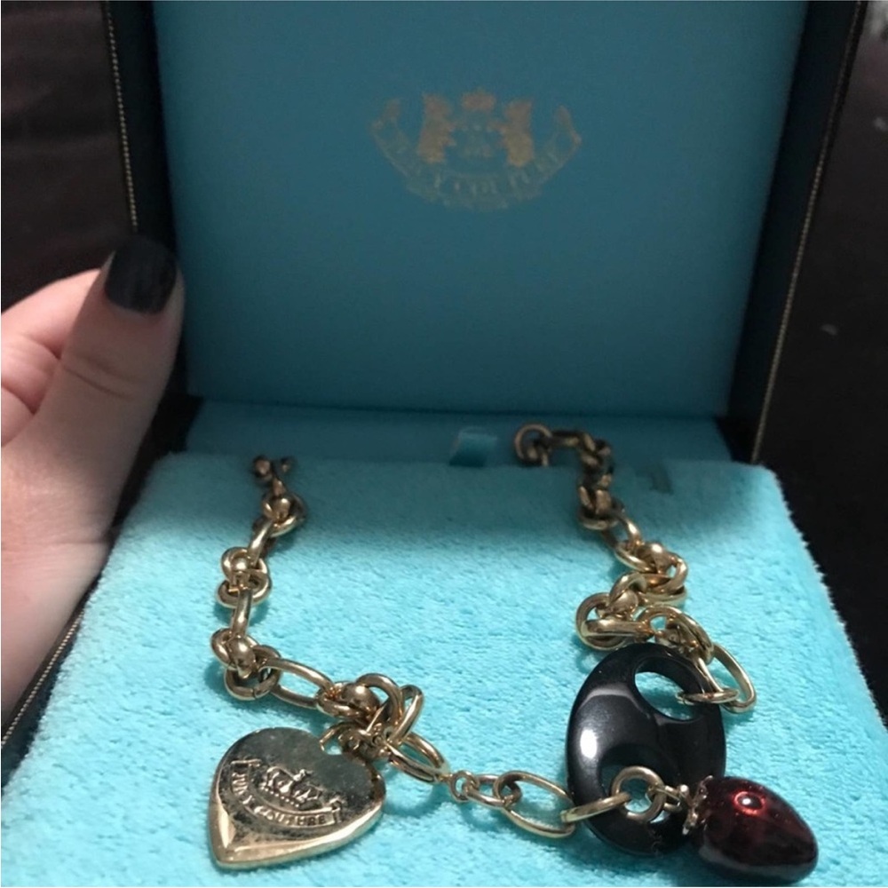 Vintage Gold juicy couture charm necklace with strawberry, safety pin and heart